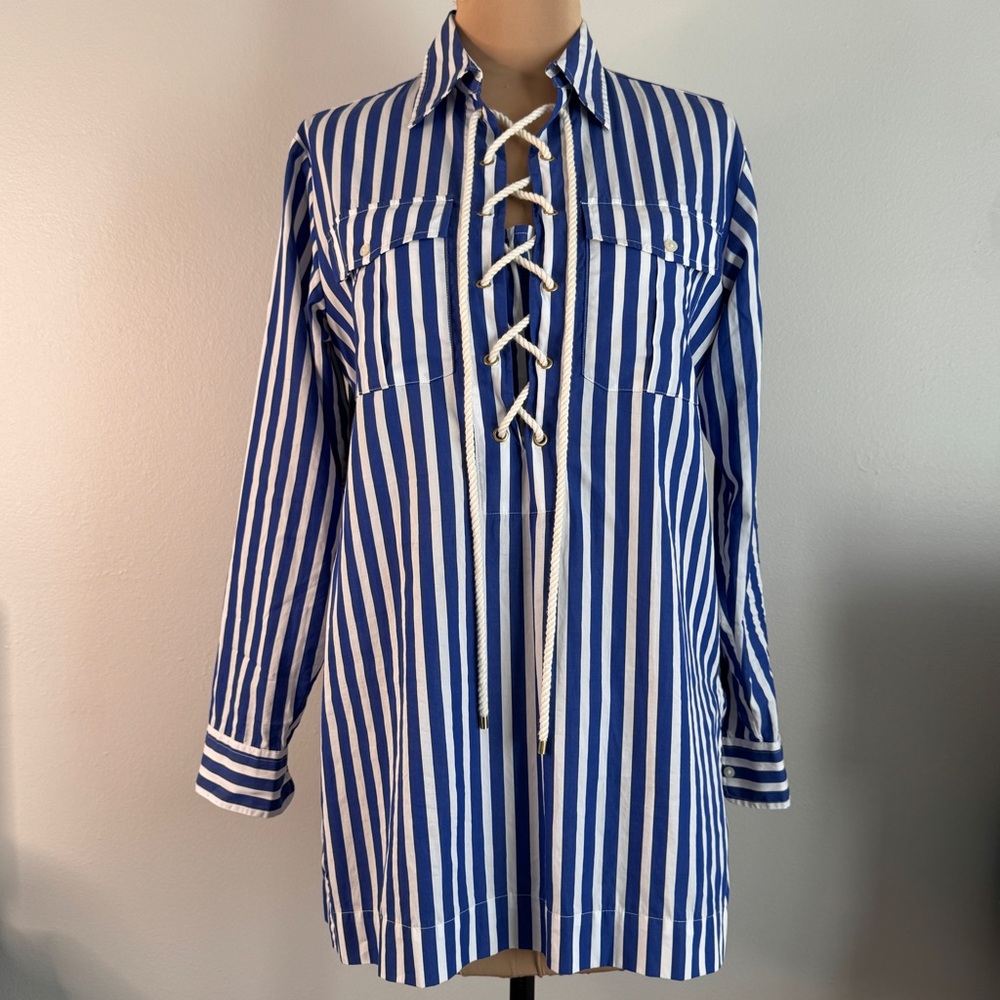 Ralph Lauren Blue White Tunic Striped Shirt Stripe Stripes Henley Pockets Cuffs - Picture 9 of 9